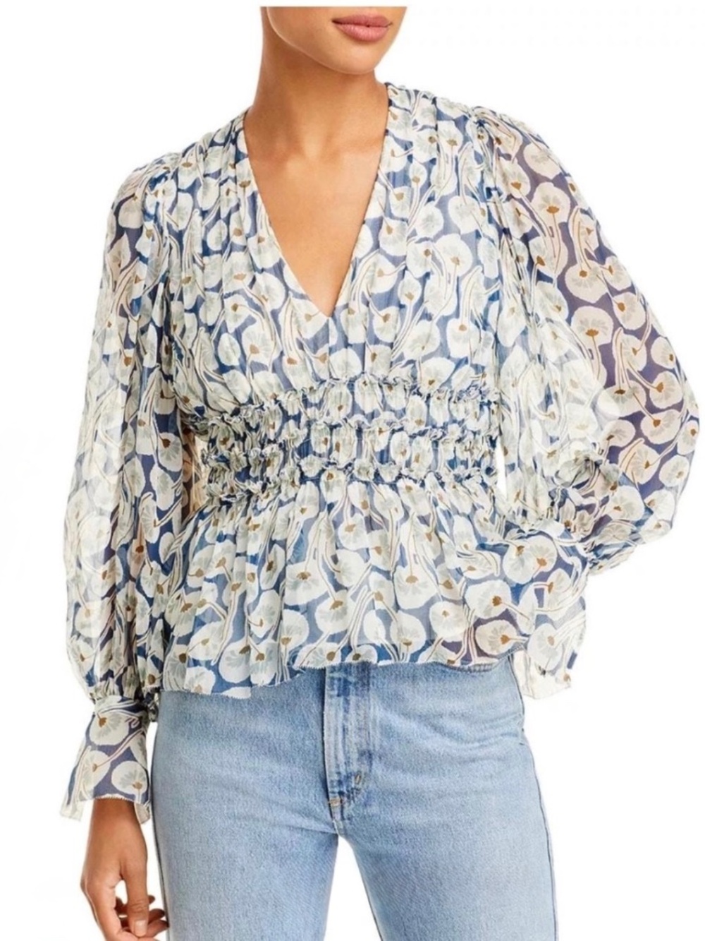 Rebecca Taylor Womens Blue Deco Fleur Silk V-Neck L/S Ruffle Blouse Size 6